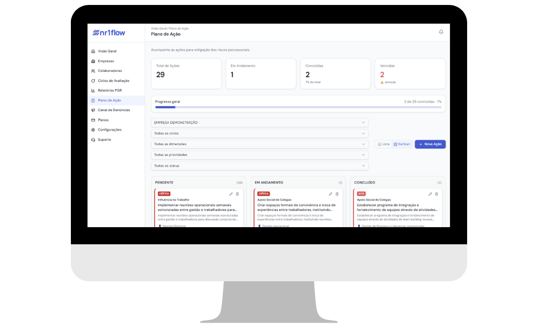 Kanban do Plano de Ação no NR1 Flow